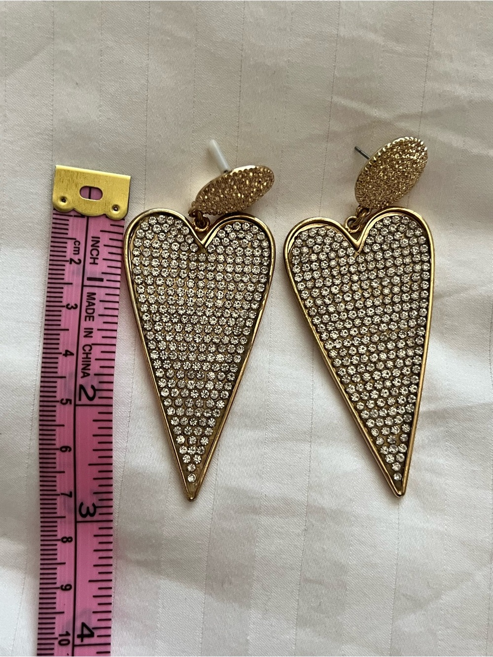 H&M Gold Heart Drop Earrings with Clear Rhinestones